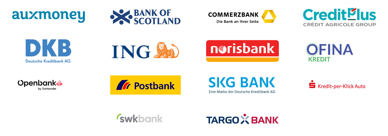 Banken im Autokredit-Vergleich: auxmoney, Bank of Scotland, Commerzbank, CreditPlus, DKB, ING, norisbank, OFINA, Openbank, Postbank, SKG Bank, Sparkasse, SWK Bank, Targobank